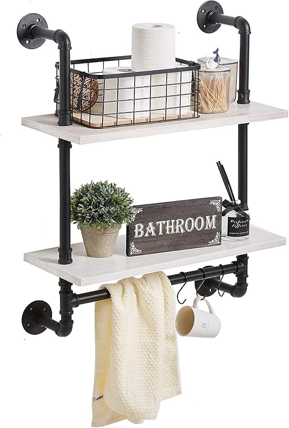 ROGMARS White Floating Shelves for Wall Bathroom 24 Inch,Industrial Pipe Shelving Wall Mounted Shelves with Towel Bar Hooks Coffee Bar Shelves Wine Hanging Display Rack Bookshelf Living Room Decor