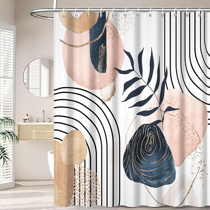 Modern Bohemia Shower Curtain for Bathroom Abstract Minimalist Bathroom Set Decor Stripes Palm Leaves Chic Aesthetic Washable Waterproof Polyester Fabric with Hooks 72x72 Inch