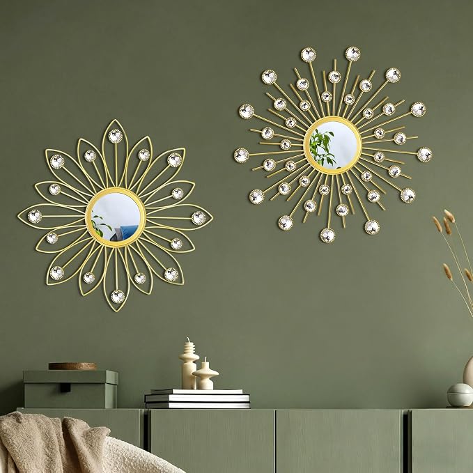 2 Pack Metal Mirrors for Wall Boho Sunburst Wall Mirror Home Decor Modern Decorative Wall Art for Bedroom Living Room Entryway