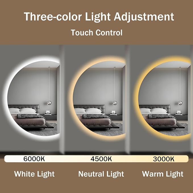 Modern Smart Anti-Fog Bathroom Mirror with Lights, Half Moon LED Wall Mirror, 3 Colors Dimmable Makeup Vanity Mirror, Large Frameless Decorative Mirror for Living Room(Right Cut,43"x28")