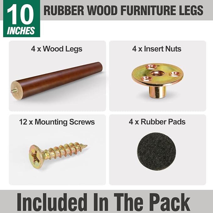 FoDau770 Brown Rubber Wood Furniture Legs 10 Inches, Straight Tapered Wood Feet Mid Century Sofa Legs Set of 4, 5/16" UNC Furniture Feet for Cabinet Couch Dresser Chair Ottoman Table