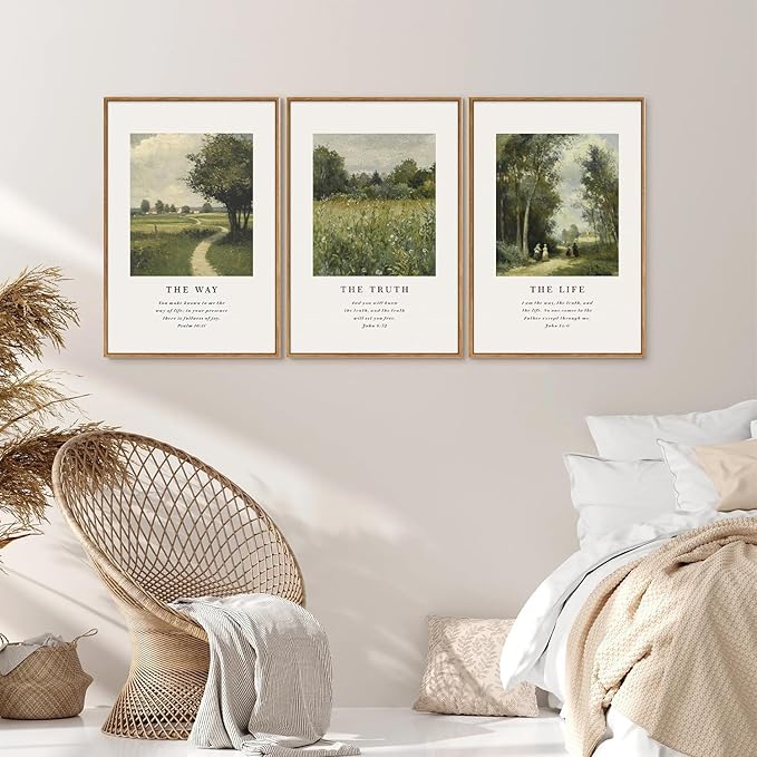 KaiWithYuan Christian Scripture Framed Canvas Wall Art Set, Jesus Bible Verse Posters Wall Decor, Vintage Monet Nature landscape Art Paintings for Living Room Bedroom Dining Room Prayer Room 16"x24"x3