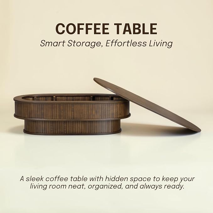 NTC Stream DOU Coffee Table, Modern Oval Wood Table with Removable Top Hidden Storage, Double-Layer Design with Vertical Groove Detail, Contemporary Center Table for Living Room, Dark Walnut