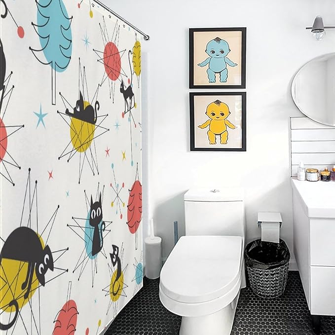 Cats Shower Curtains Black Cat Retro Atomic Christmas Pattern Duty Fabric Shower Curtain Set Bathroom Polyester Waterproof with 12 Hooks, 66x72Inch（168x183cm）