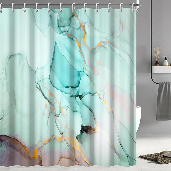 Turquoise Shower Curtain, Modern Teal Marble Shower Curtain for Bathroom Aesthetic Ink Texture Waterproof Shower Curtain Set with Hooks, 72x96 Inch