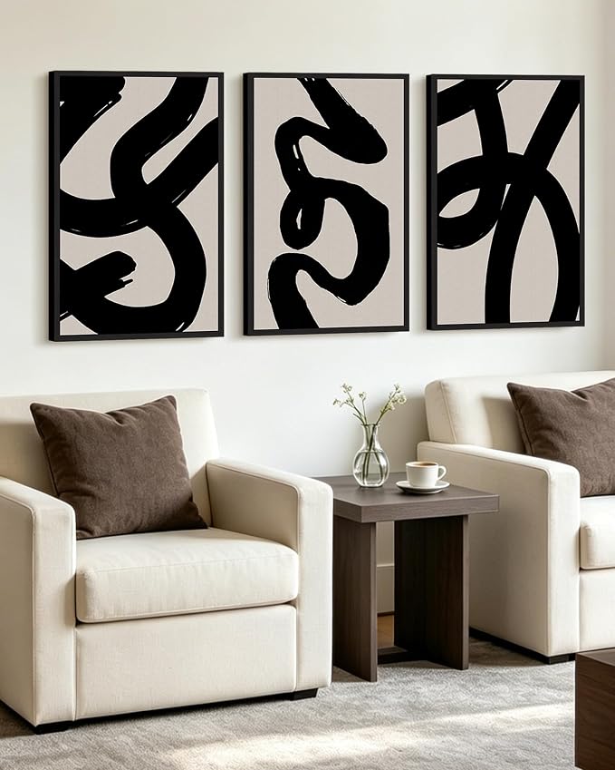 KUVIOKE Black Abstract Framed Wall Art Ink Wash Minimalist Lines Canvas Painting Artwork for Bedroom Hallway 24x36in (Black Framed)
