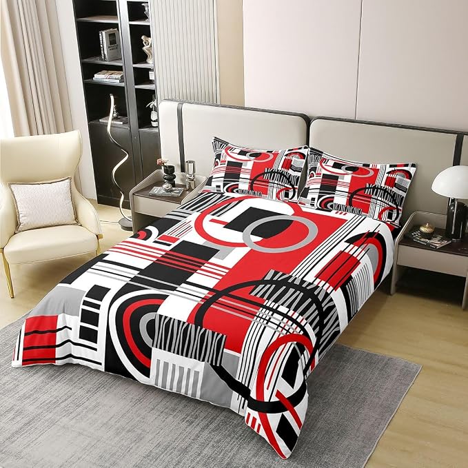 Erosebridal Art Deco Mid Century Duvet Cover Set Retro Modern Abstract Geometric 100% Cotton Comforter Cover Black and White Red Circles Stripes Full Size Bedding Sets, Contemporary Bed Set