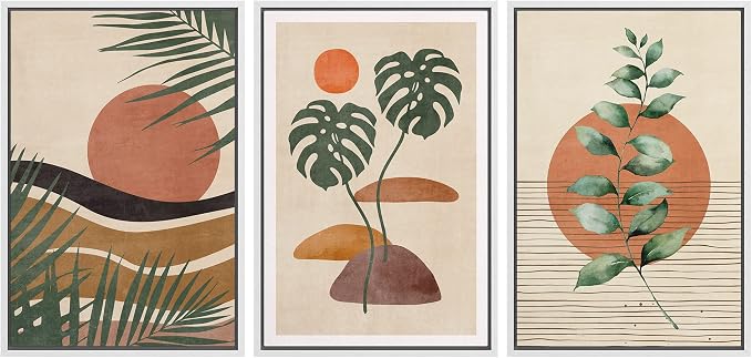 wall26 Framed Canvas Print Wall Art Set Boho Mid-Century Tropical Plant Collage Abstract Shapes Digital Art Modern Art Decorative Minimal Relax/Zen for Living Room, Bedroom, Office - 24"x36"x3 White