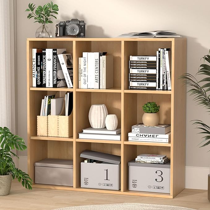 Wooden 9 Cube Storage Organizer with Closed Back Panel,White Cube Shelf Cubby Storage Organizer with Compartments for Living,Bookshelf, Easy to Install (Oak, 9 Cube-13in)