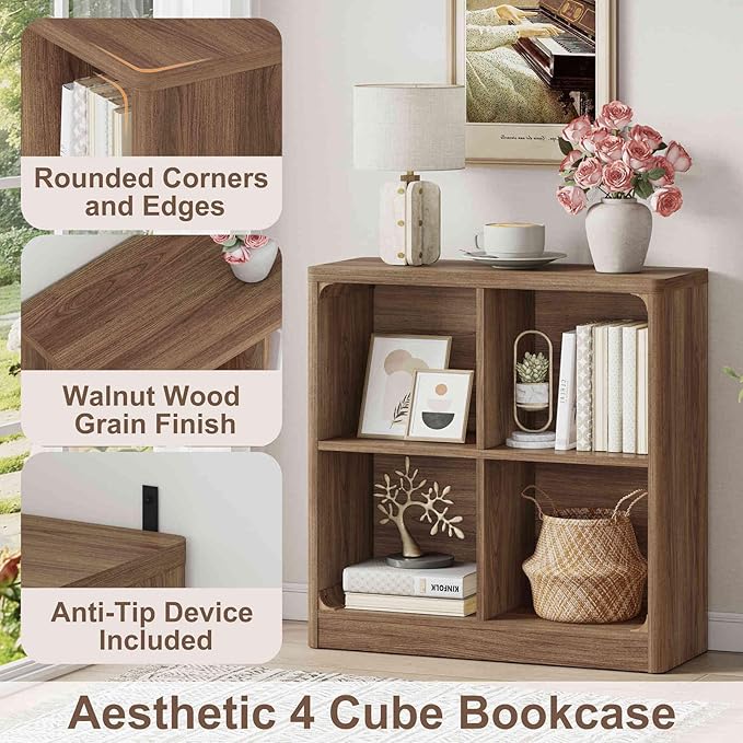 FATORRI 4 Cube Storage Bookcase, Rustic Wood Cube Bookcase Shelf Organizer, Small Storage Bookshelf for Living Room, Bedroom, Office (Walnut, 29.53" W)