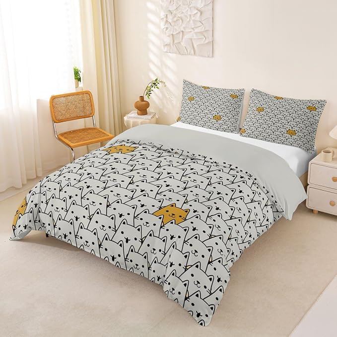 Erosebridal Abstract Cats Comforter Cover Twin Cute Pet Kitten Animals Bedding Set Trendy Minimalist Cat Duvet Cover for Kids Girls Boys Adults Gray Yellow Color Block Bed Set