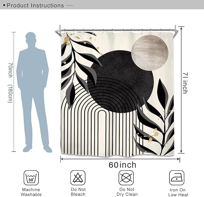 Miyotaa Abstract Minimalist Shower Curtain Set 60Wx71H Inches Modern Aesthetic Dark Gray Black Contemporary Plant Leaves Neutral Geometric Waterproof Bathroom Curtain with 12 Hooks
