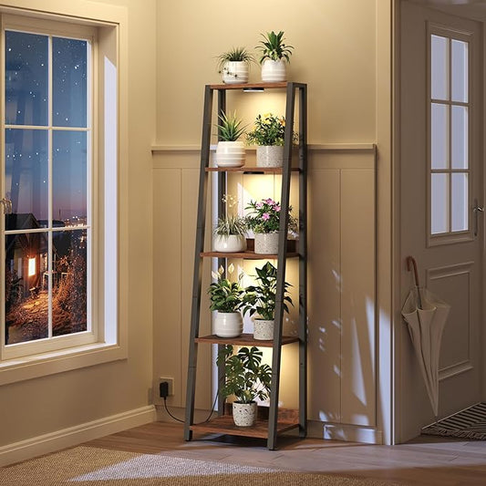 Plant Stand with Grow Light, 5 Tier Plant Shelf with Timer for Indoor Plants, Ladder Shape Flower Rack with Raised Back Edges, for Living Room, Balcony, Rustic Brown and Black PSHR05E01