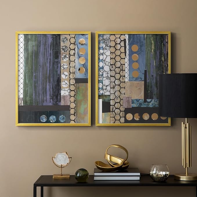 Renditions Gallery Set of 2 Peel & Stick Framed Prints, Geometric Abstract Wall Art, Hexagonal and Circular Pattern Wall Decor, Re-Stickable - Ready to Hang - 11"x14" - GOLD Frame LT588