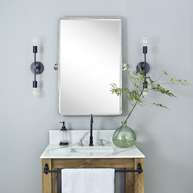 TEHOME Chrome Pivot Rectangle Bathroom Vanity Mirrror Farmhouse Tiltable Rounded Metal Framed Pivoting Bathroom Mirror with Beveled Mirrror, Overall 26.91 x 35 inches (Mirrror 23 x 35 inches)