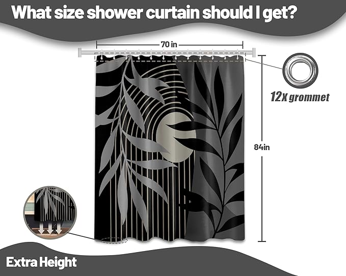 Boho Black and Grey Shower Curtain, Mid Century Modern Black and Gray Shower Curtains for Bathroom, Waterproof Fabric Set with Hooks, 70" W x 84" L (Pack of 1)