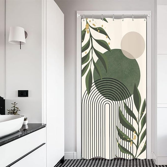 Miyotaa Stall Abstract Sage Green Shower Curtain Set 36Wx71H Inches Minimalist Aesthetic Modern Small Half Contemporary Plant Leaves Polyester Waterproof Cloth Bathroom Curtain with 12 Hooks
