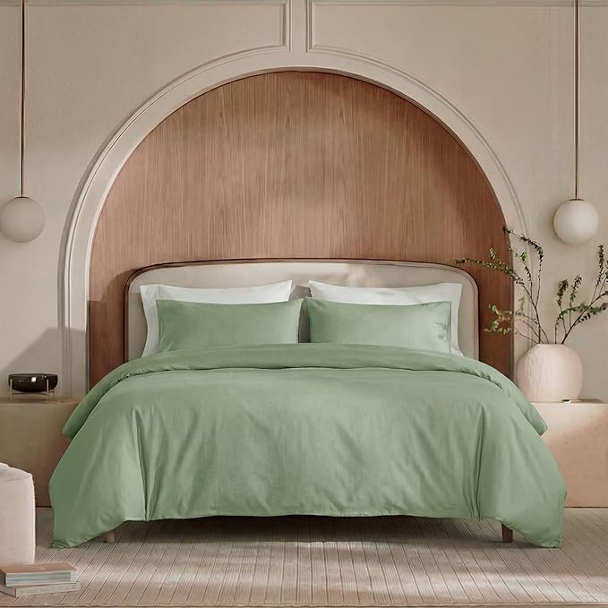 100% Washed Cotton Duvet Cover King Size – Sage Green, Linen-Like Texture, Super Soft & Breathable Bedding Set, 3-Piece Durable Percale Comforter Cover