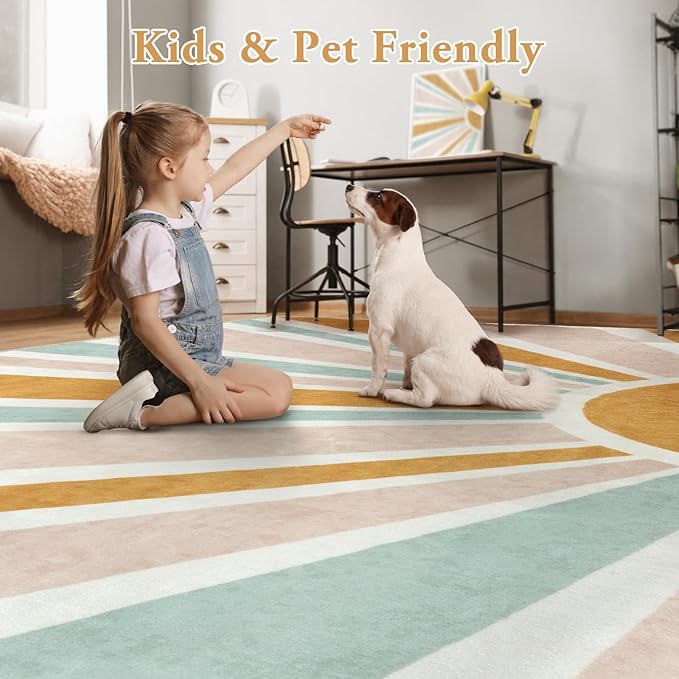 LIVEBOX Washable Boho Rug 6ft Large Round Rug for Nursery Room, Non-Slip Soft Throw Circle Rugs for Living Room, Colorful Rainbow Circular Rugs for Kids Room