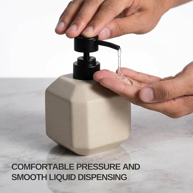 LuxFlowing Elegant Ceramic Soap Dispenser with Pump, Small, Cute and Simple Style, Ideal for Bathroom Hand Soap and Kitchen Dish Soap (Beige)