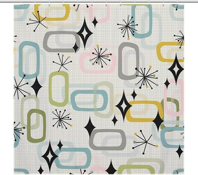 Vintage Mid Century Shower Curtains Retro Geometric Atom Square Pattern Design Washable Waterproof Fabric for Bathroom Decor Bathtub with 12 Hooks 72x72in (183x183cm)