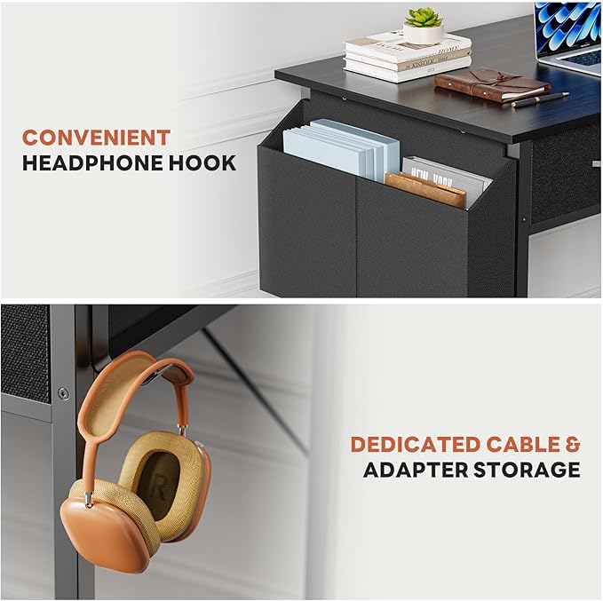 DUMOS 32" Home Office Computer Desk with Drawers, Small Gaming Writing Study Table with Storage Side Bag, Headphone Hook and Adjustable Feet for Bedroom Black