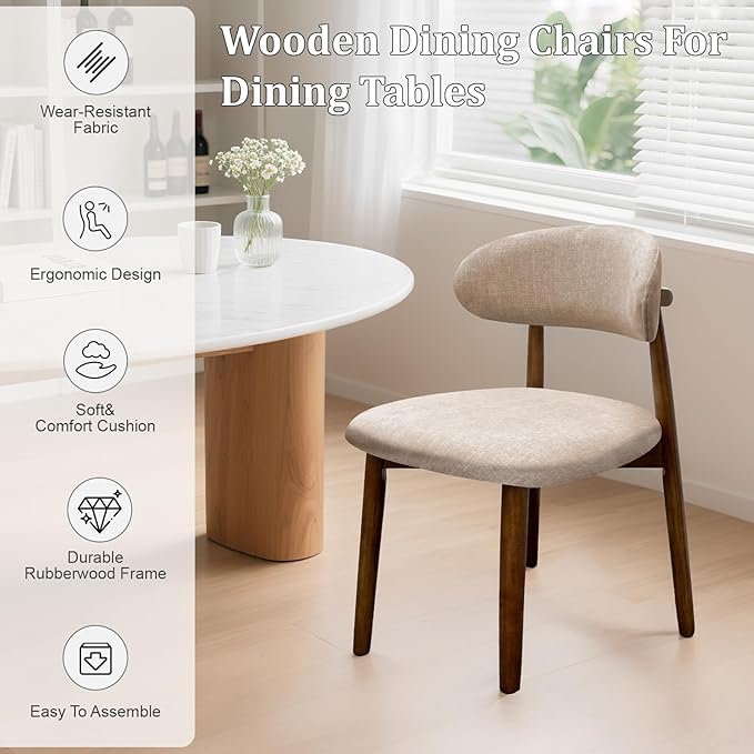 Farmhouse Dining Chairs Set of 8, Mid Century Modern Fabric Upholstered Kitchen Chairs, Wooden Dining Room Chair with Curved Back for Kitchen Dining Room Restaurant Cafe, Light Camel (Only Chairs)