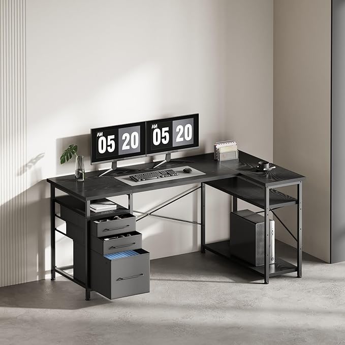 Maihail 55" Computer Desk with Drawers, Desks for Bedrooms, Writing Desk with Storage, Work Desk for Small Space, Black