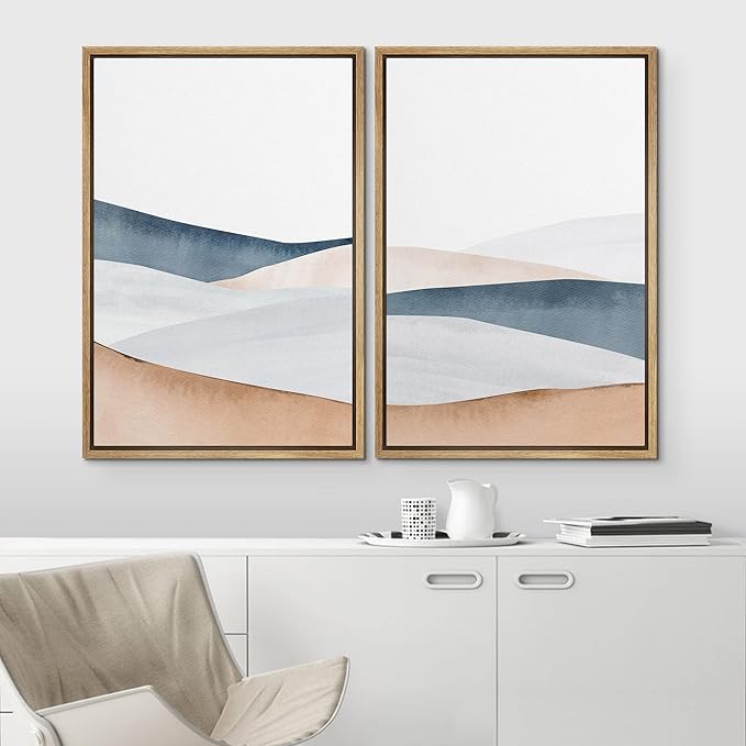 IDEA4WALL Framed Canvas Print Wall Art Set Pastel Watercolor Mountain Valley Landscape Nature Wilderness Illustrations Modern Art Scenic Colorful for Living Room, Bedroom, Office - 16"x24"x2 Natural