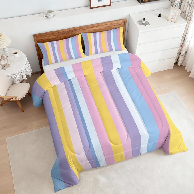 Rainbow Stripe Twin Size Comforter Sets 2 Piece, Colorful Stripes Printed Pattern, Soft All Season Bed Comforter & 1 Pillow Sham, Kids Striped Bedroom Decor Reversible Bedding D-GM12