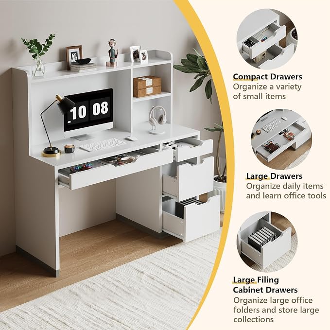 MaverickFurni White Desk with Hutch and Drawers, 53 Inch Computer Desk with Storage File Drawer, White Study Desk with 4 Drawers for Bedroom, Small Space