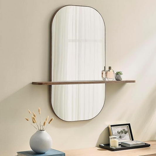 Modway Solstice Oversized Wall Mounted Oval Mirror with Shelf in Walnut – Modern Decorative Accent Mirror for Entryway, Bedroom, Living Room, or Bathroom Vanity