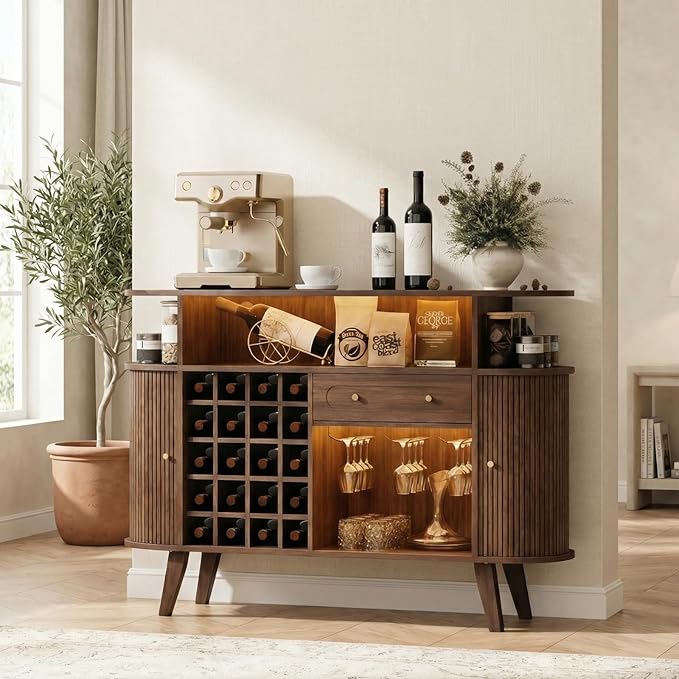 Loomie Wine Bar Cabinet with LED Light, Mid Century Modern Liquor Cabinet– 20-Bottle Rack, Glass Holder & Drawer, Buffet Sideboard, Coffee Bar Cabinet (Walnut)