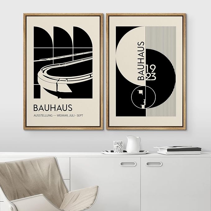 IDEA4WALL Framed Canvas Print Wall Art Set Bauhaus Geometric Black Architecture Circles Abstract Shapes Illustrations Modern Art Decorative for Living Room, Bedroom, Office - 16"x24"x2 Natural