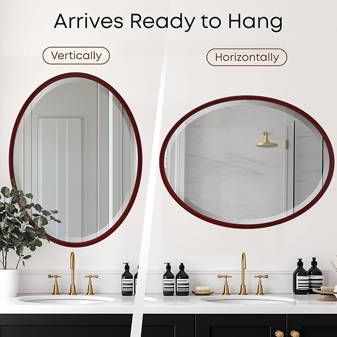 OVALCREST - Oval Wooden Beveled Wall Mirror for Home Decor, Bathroom, Vanity, Bedroom, Living Room, Hallway - London Style (Black Cherry) 37.1 x 25.1