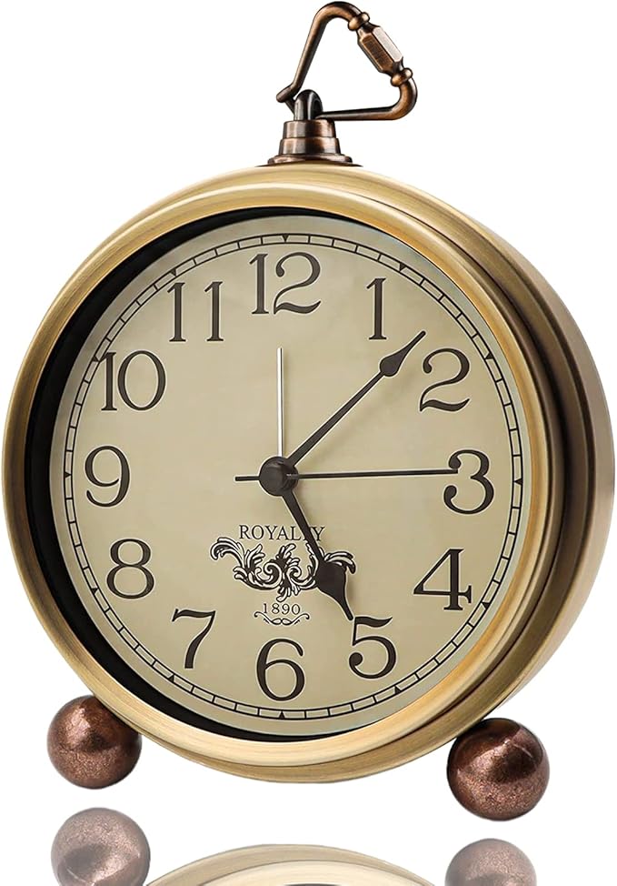 Justup Golden Table Clock, Retro Vintage Non-Ticking Table Desk Alarm Clock Battery Operated Silent Quartz Movement HD Glass for Bedroom Living Room Indoor Decoration (Arabic)