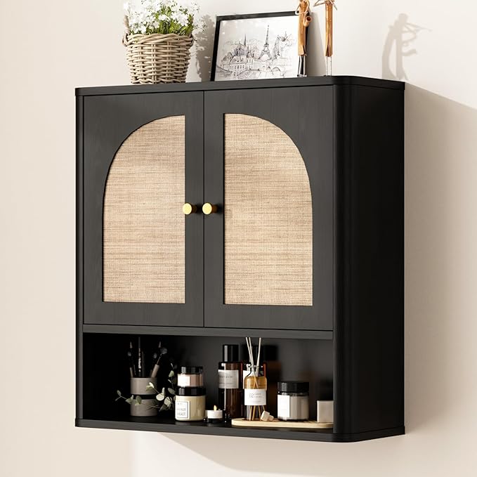 RUSTOWN Rattan Bathroom Wall Cabinet, Over The Toilet Storage Cabinets with 2 Arched Doors, Modern Medicine Cabinet with Adjustable Shelf & Rounded Edges, Mid-Century Bathroom Organization