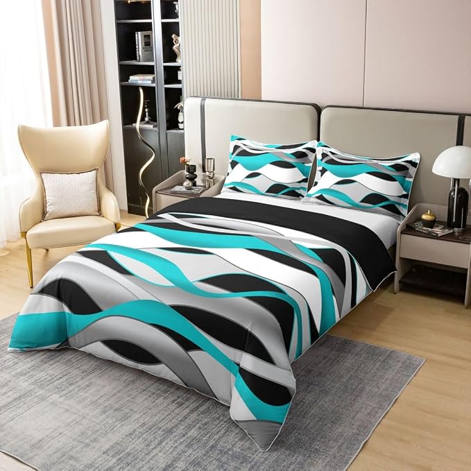 Erosebridal Teal Geometric Lines 100% Cotton Duvet Cover Full Turquoise Striped Bedding Set for Kids Teens Adults Waves Aesthetics Stripes Comforter Cover Minimalist Art Bed Set 3 Pcs