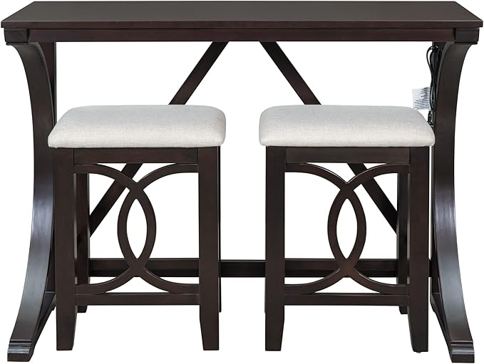 VilroCaz Farmhouse 3-Piece Counter Height Dining Table Set with USB Port and 2 Upholstered Stools, Rustic Dining Set Bar Set for Dining Room Kitchen (Espresso-R)