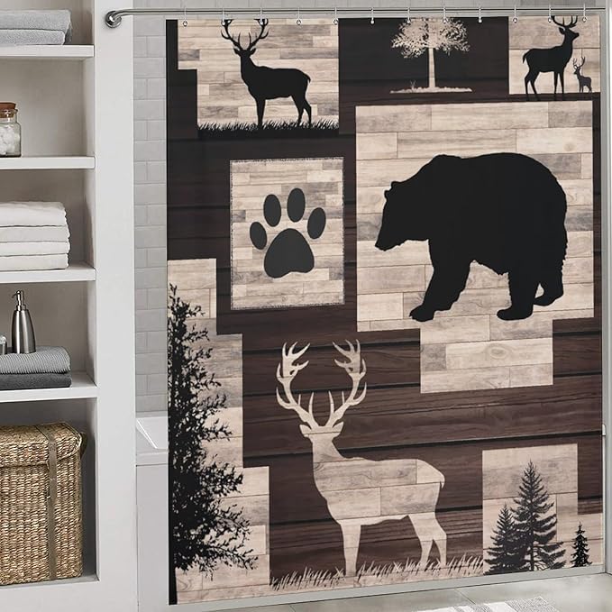Rustic Cabin Bear Animals Shower Curtain Deer Forest Wildlife Wooden Country Lodge Hunting Camping Animal Waterproof Shower Curtains for Bathroom Decor 12 Pack Hooks 72x72in (183x183cm)