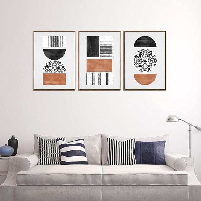 Framed Wall Art Canvas Set Mid Century Boho Pictures Modern Geometric Wall Decor Minimalist Black Brown Bohemian Abstract Painting Artwork for Living Room Bedroom Office 20"x28"x3 Natural