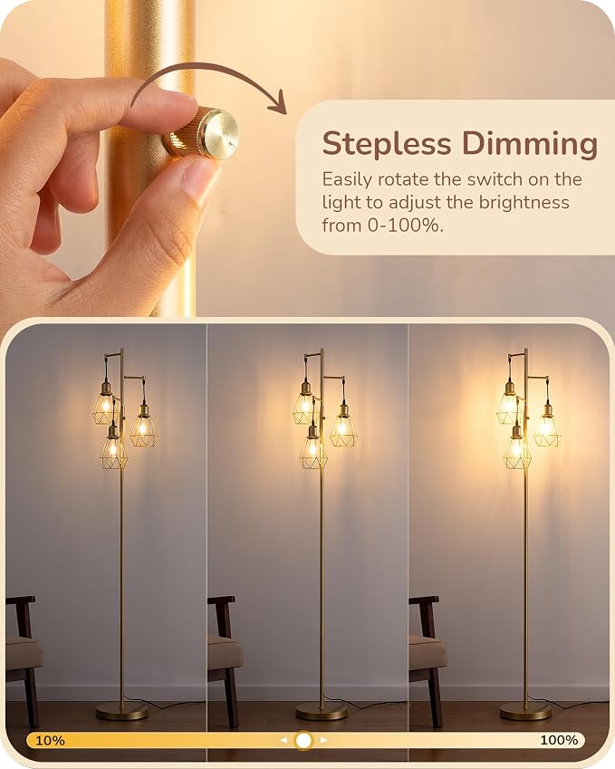 EDISHINE 70'' Dimmable Industrial Floor Lamp, Farmhouse Standing Lamps Diamond-Shaped Lampshade, 3 LED Edison Bulbs Included, Modern Rustic Floor Lamps for Living Room, Bedroom, Office, Gold