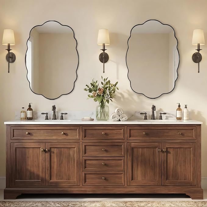 ANDY STAR Matte Black Wavy Oval Wall Mirror -26x38 Inch Scalloped Mirror for Bathroom, Living Room & Entryway, Anti Rust Stainless Steel Wall Mount Horizontal or Vertical