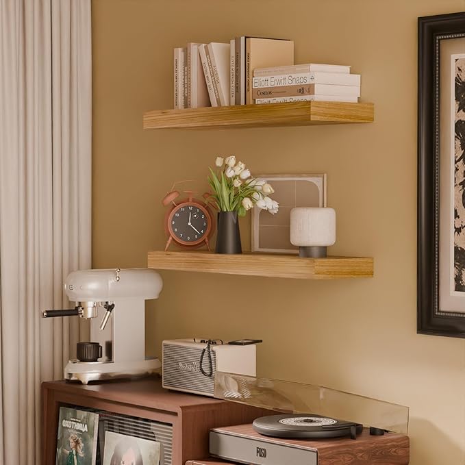 IAE Floating Wall Shelves 16 inch,Bathroom Shelf Wall Mounted,Invisible Shelf Floating Kitchen Shelves,Wooden Wall Shelving with Brackets for Living Room Wall Mounted,Easy Install,Set of 2,Natural