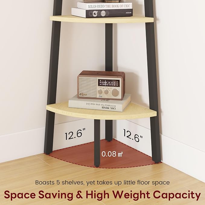 Corner Shelf, 5 Tier Ladder Corner Bookshelf, Display and Bookshelf Stand Unit, Anti Tip Feature, Space Saving, Ideal for Plants, Books, Living Room, Bedroom, Natural Oak