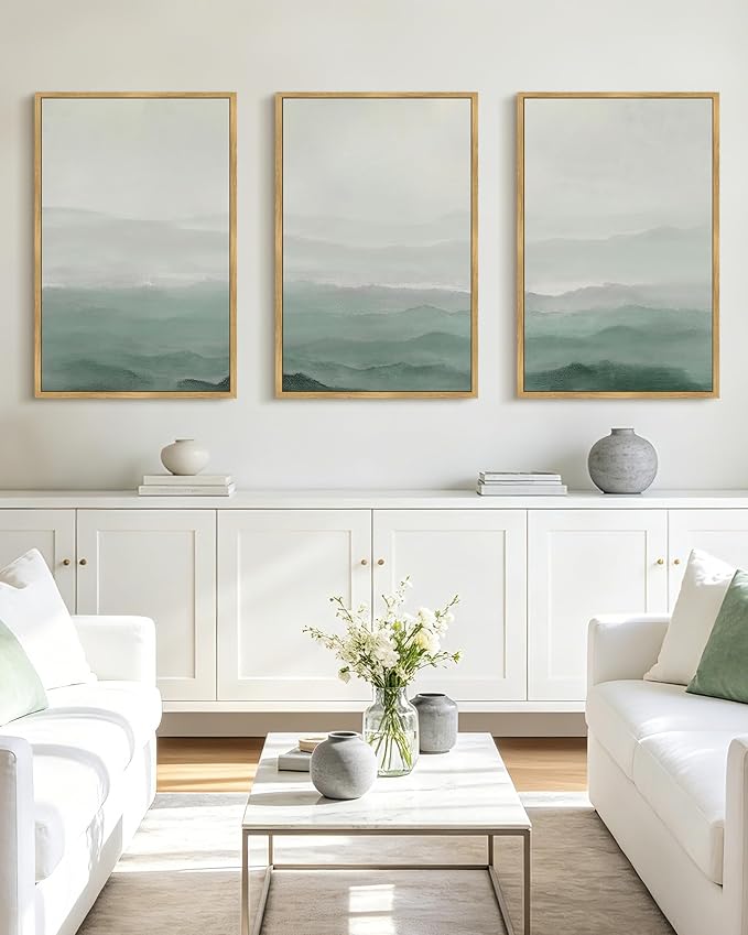 KUVIOKE Green Watercolor Mountains in Fog Framed Canvas Wall Art Wilderness Nature Landscape Artwork Painting Boho Rustic Scenic Relax Cool Room Decor for Bedroom Living Room 24x36in (Natural Framed)