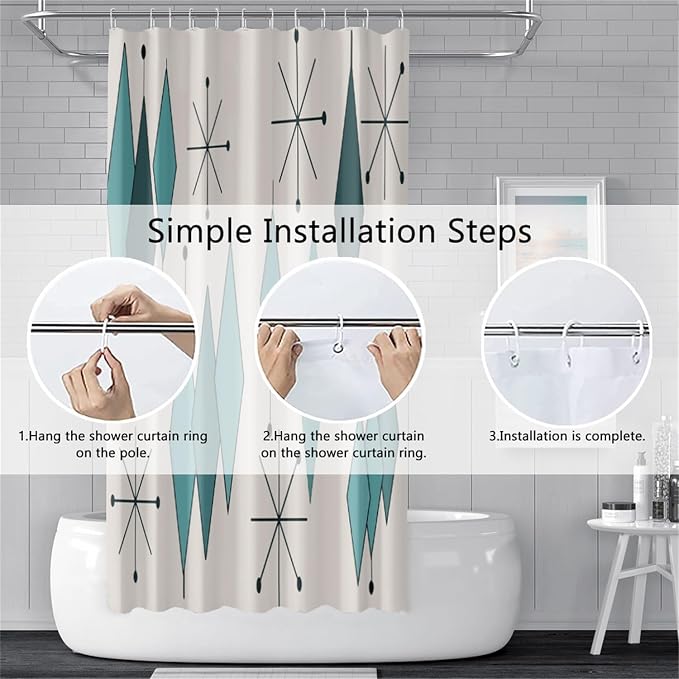 Mid Century Turquoise Shower Curtain Abstract Teal Diamond Geometric Atomic Starburst Pattern Beige Backdrop for 1950s Retro Bathroom Decor Shower Curtain Set with 12 Hooks, 65x72 Inches