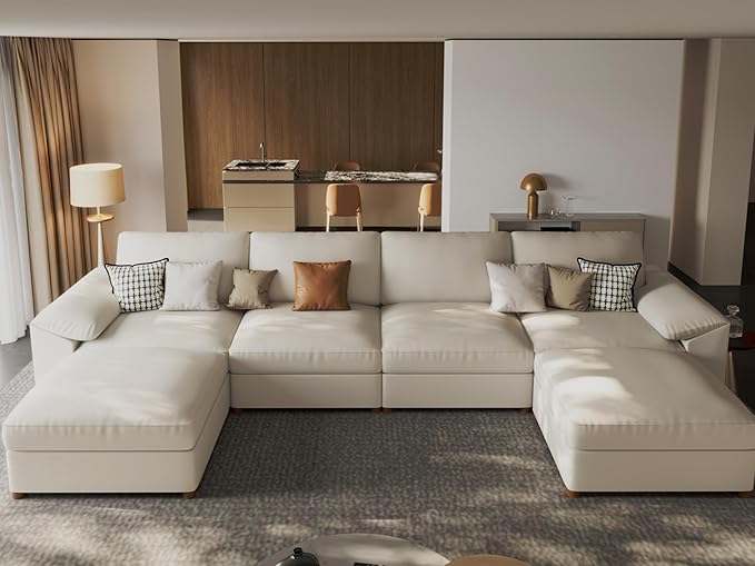 EASE MOOSE Faux Leather Sectional Couch for Living Room,Oversized Sectional Sofa with Deep Seat,Large U Shaped Couch,Modern Comfy Sofa Scratch Resistant Fabric,Beige