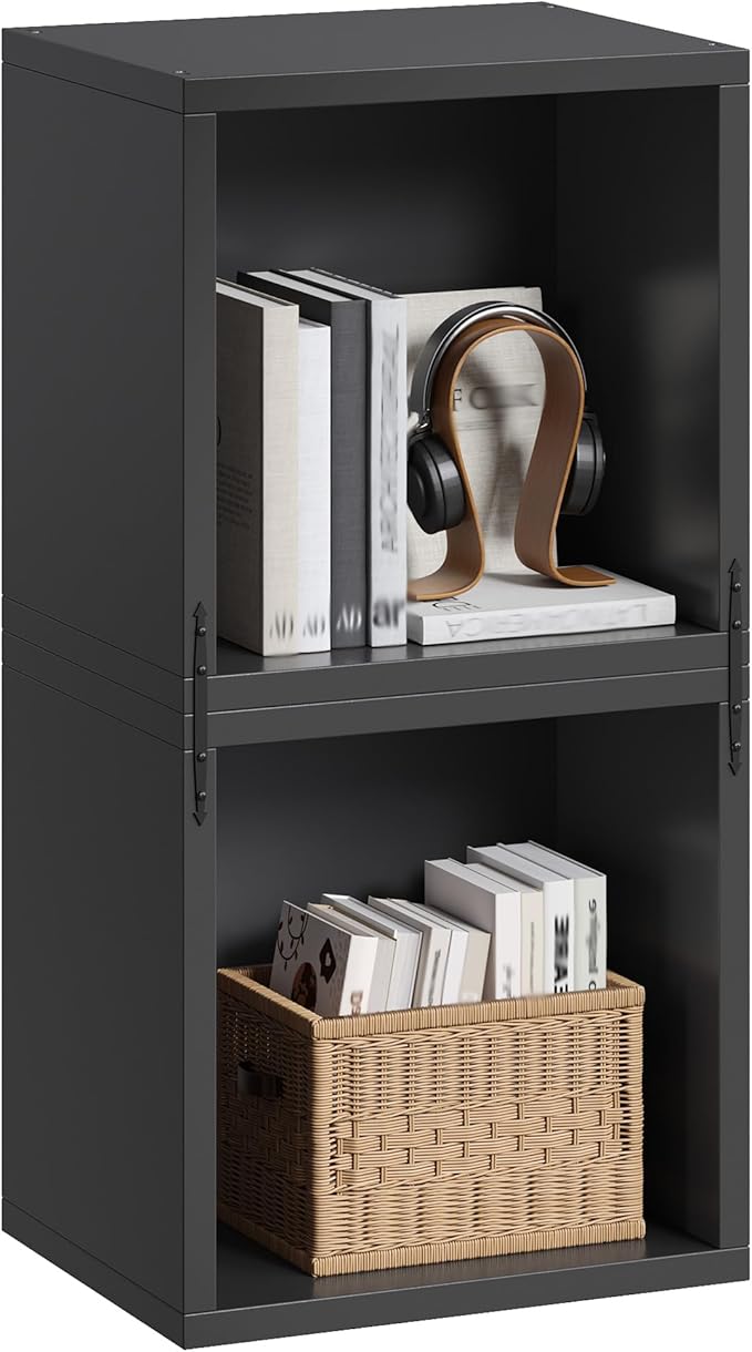 Homkdom 2 Cube Bookshelf Organizer, DIY Wooden Open Book Shelf with Anti-Tip Design, Cube Storage Shelf Organizer for Bedroom, Office, Dorm, Black