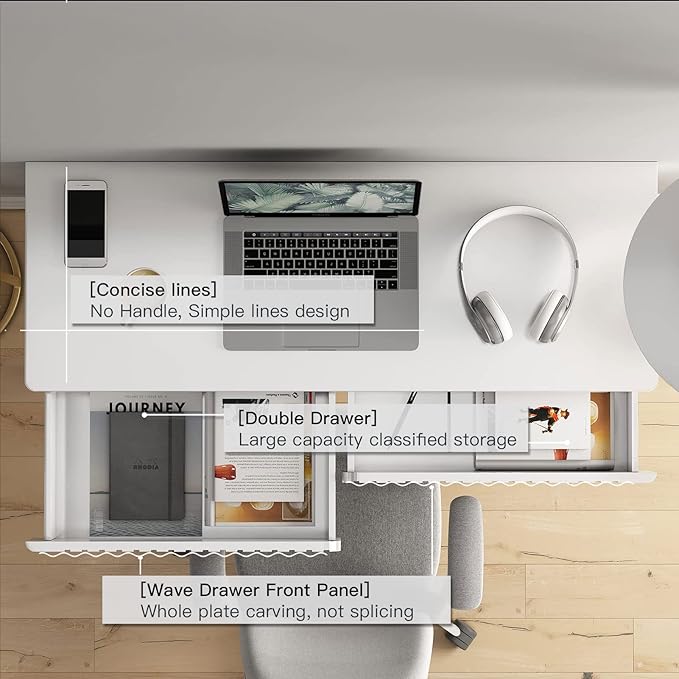 Tamworth Design Modern Multi-Purpose Desk, White & Antique Brass, 43" L x 15.75" W, 2 Large Drawers, Computer/Vanity/Study, Adult Size